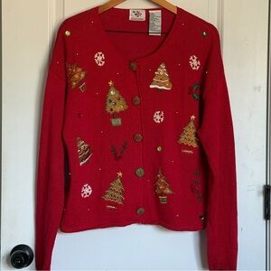 Vintage Nut Cracker Holiday Red Sweater with Festive Tree Design Size L